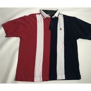 Vtg 90's Tommy Hilfiger Polo Shirt Men XL Red Blue White Stripe Crest Colorblock